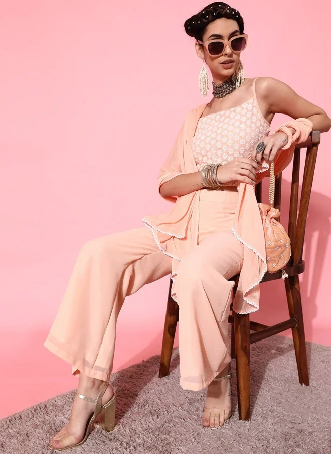 STREET 9 Peach-Coloured Embroidered Top with Trousers and Dupatta for Women