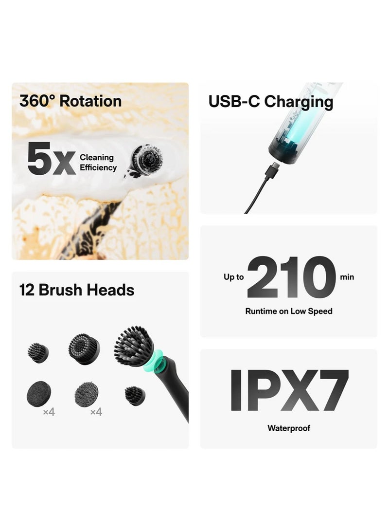 HOTO Wand Cordless Spin Scrubber – 360° Rotating Electric Cleaning Brush with 12 Magnetic Brush Heads, 210-Minute Runtime, IPX7 Waterproof, USB-C Rechargeable - Image 4