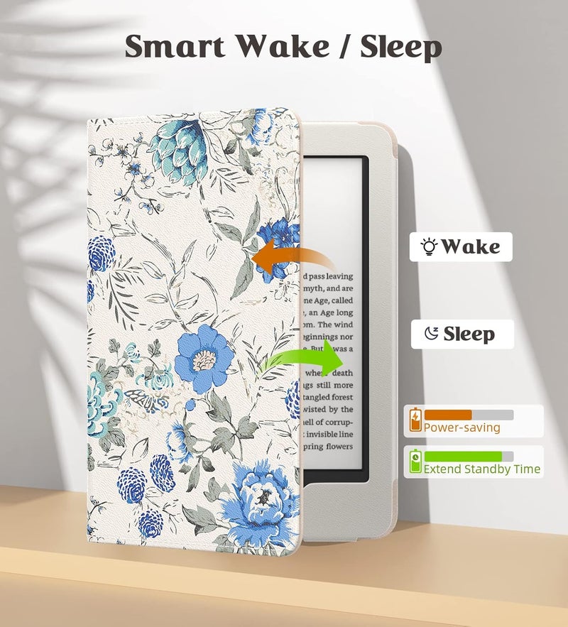 موكو حافظة MoKo لجهاز Kindle Paperwhite مقاس 7"/6.8" (الجيل الثاني عشر/الحادي عشر - 2024/2021) ��Kindle Colorsoft Signature Edition، غلاف رقيق من البولي يوريثان مع خاصية الإيقاظ/الإغلاق التلقائي لـ Kindle Paperwhite 2024، زهور زرقاء على أبيض - Image 5