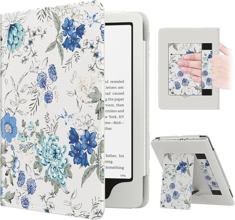 موكو حافظة MoKo لجهاز Kindle Paperwhite مقاس 7"/6.8" (الجيل الثاني عشر/الحادي عشر - 2024/2021) ��Kindle Colorsoft Signature Edition، غلاف رقيق من البولي يوريثان مع خاصية الإيقاظ/الإغلاق التلقائي لـ Kindle Paperwhite 2024، زهور زرقاء على أبيض - Image 1