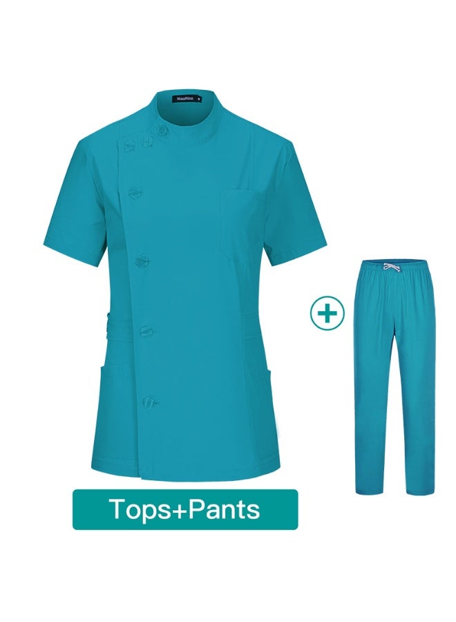NIBEMINENT Button Closure and waist retraction Scrub Set Medical Uniforms Nurse Clothes Women Round Neck Surgical Workwear Pair Dental Suit - Image 1