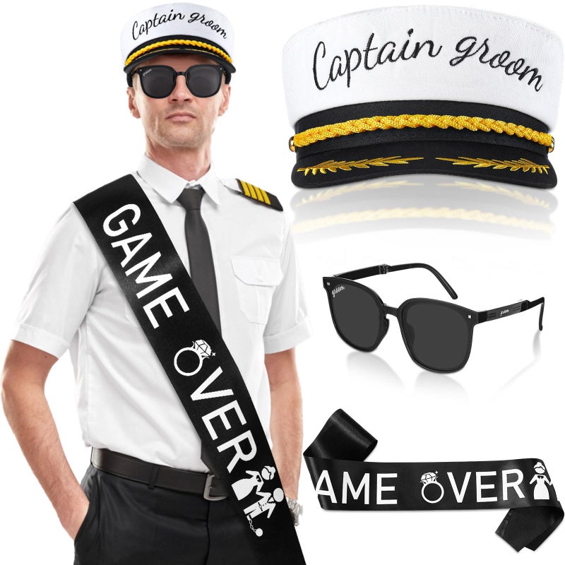 JaGely 3 Pcs Captain Bachelor Party Accessories for Groom Set Include Groom Hat Sunglasses Sash for Bridal ShowerStylish Style