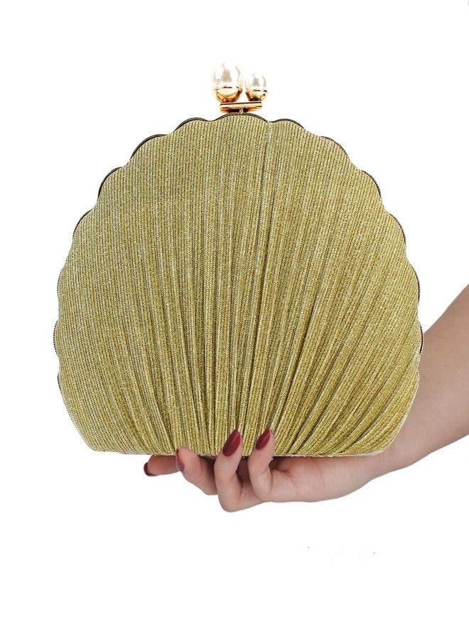 Felice Ann Women Mini Seashell Evening Bag Clutch Handbag Chain Strap Cross-body Shoulder Bag,Pleated Golden - Image 5