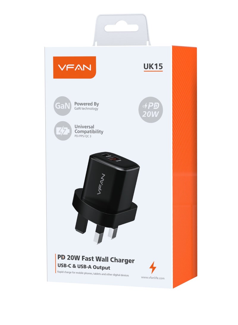 VFAN 20W Dual Port GAN Fast Wall Charger UK15-Black - Image 1