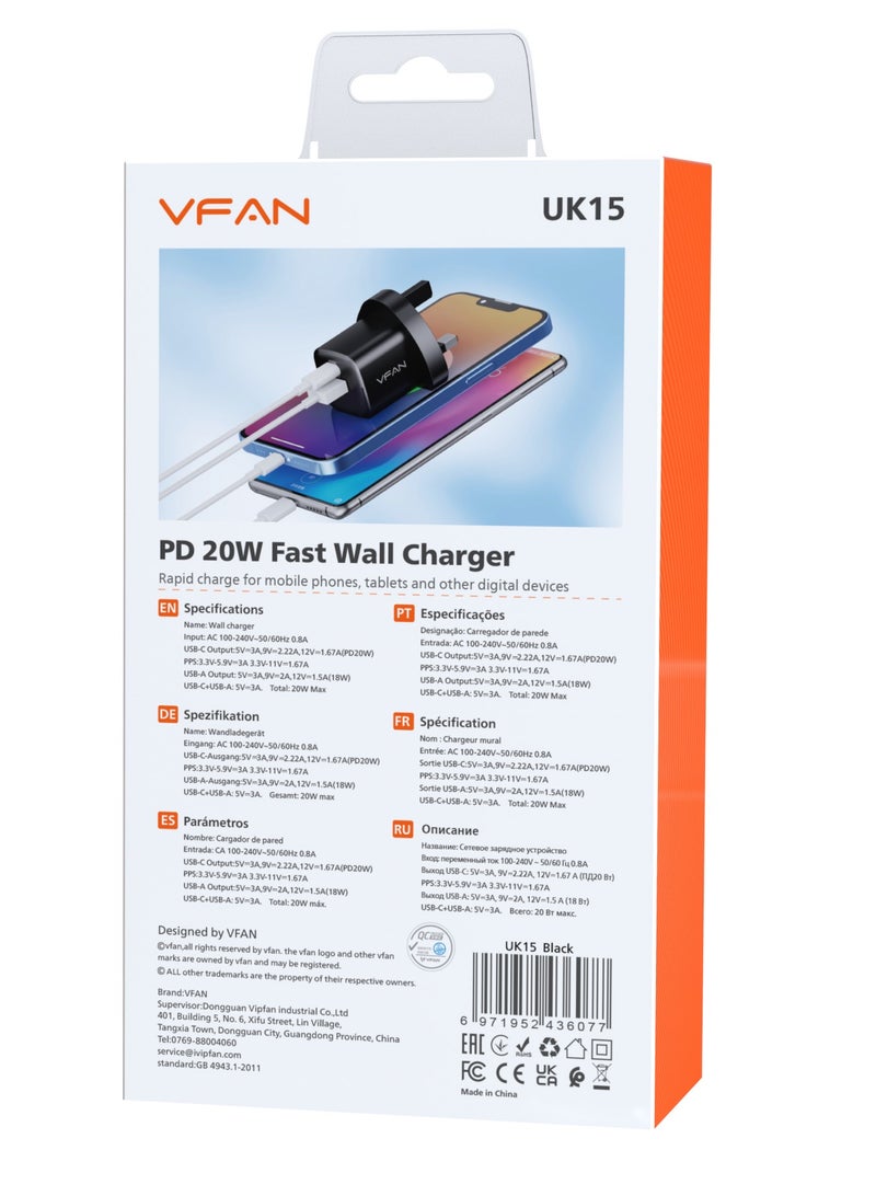 VFAN 20W Dual Port GAN Fast Wall Charger UK15-Black - Image 2