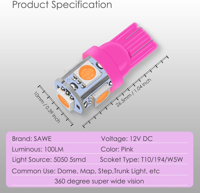 SAWE 168 194 2825 T10 W5W 5050 5-SMD LED License Plate Dome Map Lights Bulbs - Pack of 4 (Pink/Purple) - Image 2