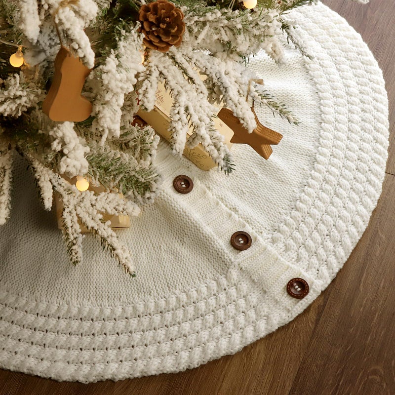 LimBridge LimBridge Knitted Christmas Tree Skirt 36 Inch Cream 5Circle Edge Chunky Crochet Tree Skirt with Round Wood Buttons Annual Rings Christmas Tree Decorations for Merry Christmas Home Dcor Party 