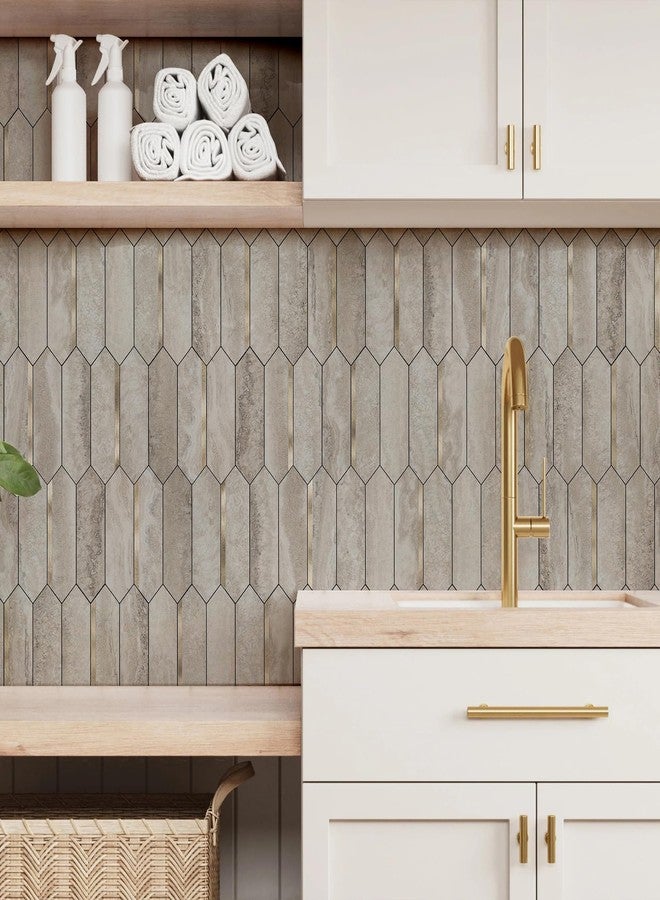 KASARO Peel and Stick Backsplash Long Hexagon Wall Tile, 10-Pieces PVC Self Adhesive Mosaic Tiles, Marble Beige Slate with Vintage Gold Stripes Decorative for Kitchen, Bathroom and Fireplace - Image 3