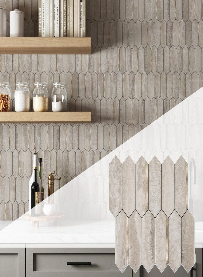KASARO Peel and Stick Backsplash Long Hexagon Wall Tile, 10-Pieces PVC Self Adhesive Mosaic Tiles, Marble Beige Slate with Vintage Gold Stripes Decorative for Kitchen, Bathroom and Fireplace - Image 1