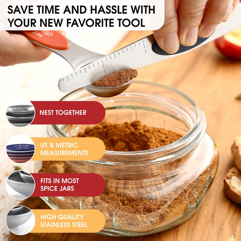 Spring Chef Stainless Steel Magnetic Measuring Spoons Set of 8 with Leveler, Nesting Teaspoon & Tablespoon Measuring Spoons, Kitchen Gadgets for Baking & Cooking, Fits in Spice Jars - Mountain Sunrise - Image 5