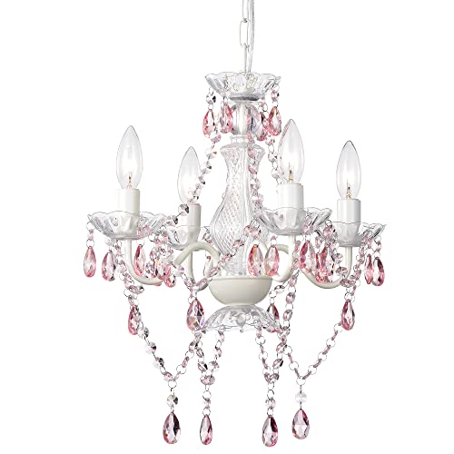 LaLuLa Pink Chandelier White Chandeliers Lighting with Acrylic Crystals Mini 4 Lights Pendant Light for Bedroom and Girls Room - Image 1