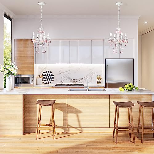 LaLuLa Pink Chandelier White Chandeliers Lighting with Acrylic Crystals Mini 4 Lights Pendant Light for Bedroom and Girls Room - Image 4