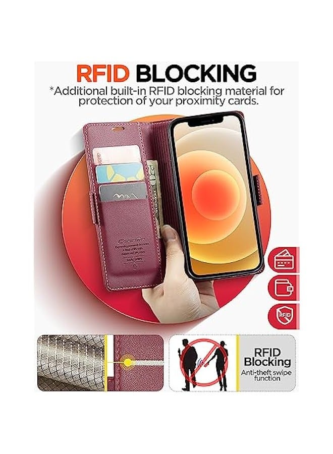 iPhone 12\/12 Pro RFID Blocking Leather Wallet Case - Burgundy - Image 4