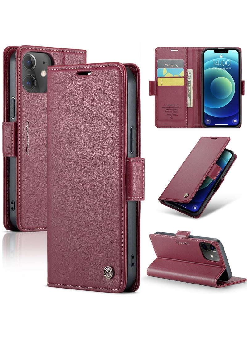 iPhone 12\/12 Pro RFID Blocking Leather Wallet Case - Burgundy - Image 1