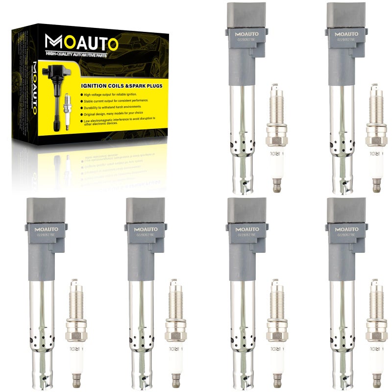 MOAUTO Set of 6 Ignition Coils Pack UF616 022905715E 6 PCS Iridium Spark Plugs Compatible with Audi Q7 Volkswagen Atlas CC Passat Touareg Porsche Cayenne 36L V6 Replace GN10443 022905715A