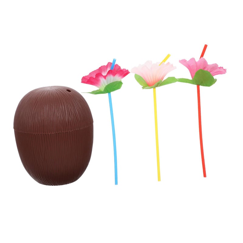 4 Plastic Coconut Tiki Cups with Straws Reusable Hawaiian Luau Party Drinkware - Image 2