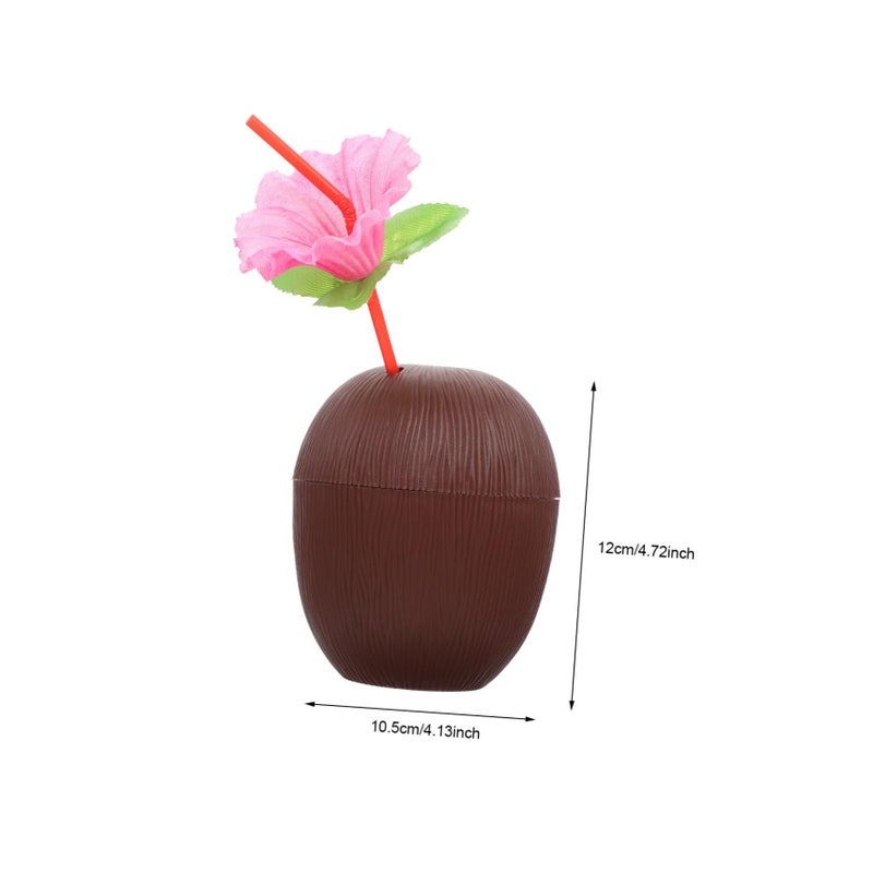 4 Plastic Coconut Tiki Cups with Straws Reusable Hawaiian Luau Party Drinkware - Image 3