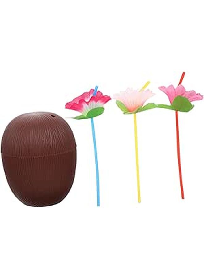 4 Plastic Coconut Tiki Cups with Straws Reusable Hawaiian Luau Party Drinkware - Image 1