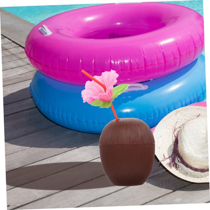 4 Plastic Coconut Tiki Cups with Straws Reusable Hawaiian Luau Party Drinkware - Image 5