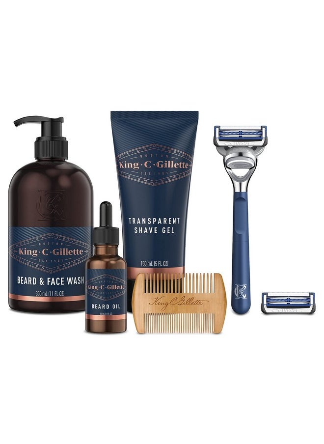 King C. Gillette - Grooming Kit, 1 Razor With 2 Blade Refills,1 Oz Beard Oil, 11 Oz Beard Wash, 5 Oz Shave Gel, 1 Comb - Image 1