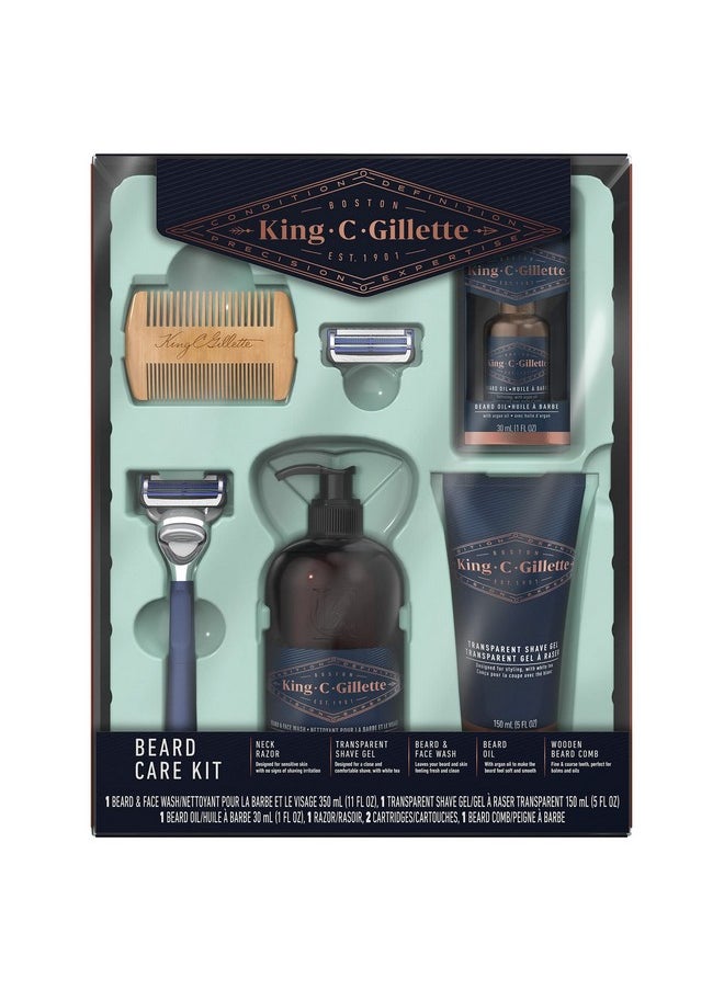 King C. Gillette - Grooming Kit, 1 Razor With 2 Blade Refills,1 Oz Beard Oil, 11 Oz Beard Wash, 5 Oz Shave Gel, 1 Comb - Image 1