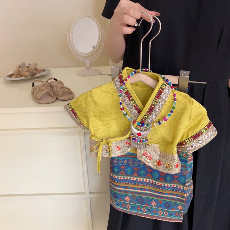 Cream Girls Summer Vintage Dai Ethnic Style suit Girls Printed Skirt Lace-Up Top suit Trendy Yellow suit