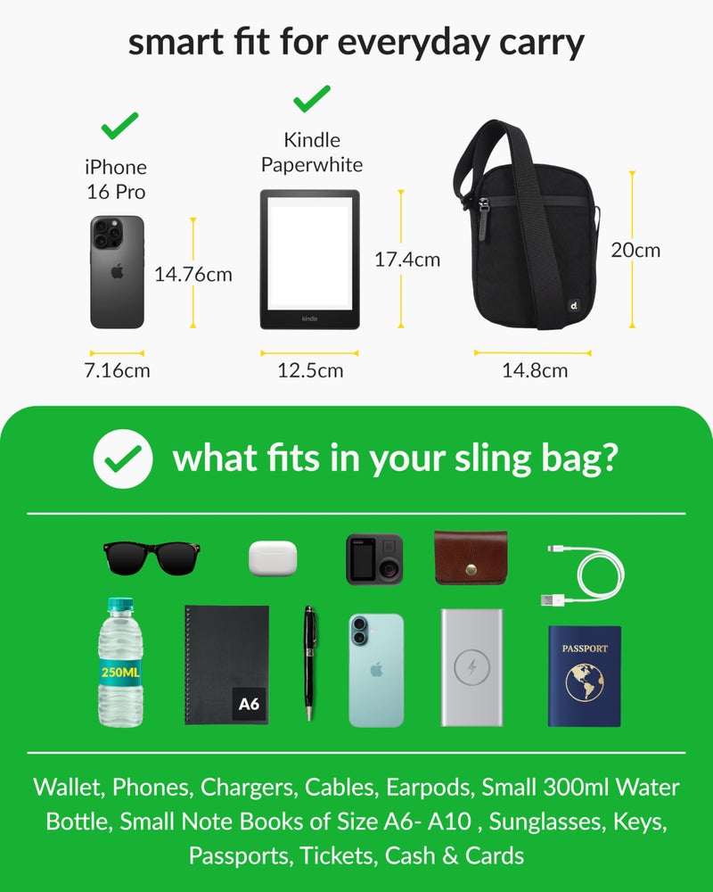 Destinio Small Crossbody Sling Bag for Men and Women - Waterproof Pocket and Zippers, Anti Theft Locking - Stylish Mini Side Bag for Man for Mobile, Passport (Black, Small) - Image 3