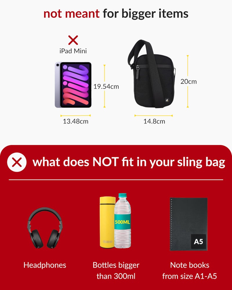 Destinio Small Crossbody Sling Bag for Men and Women - Waterproof Pocket and Zippers, Anti Theft Locking - Stylish Mini Side Bag for Man for Mobile, Passport (Black, Small) - Image 4