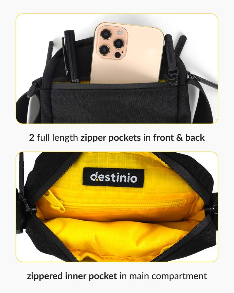 Destinio Small Crossbody Sling Bag for Men and Women - Waterproof Pocket and Zippers, Anti Theft Locking - Stylish Mini Side Bag for Man for Mobile, Passport (Black, Small) - Image 2