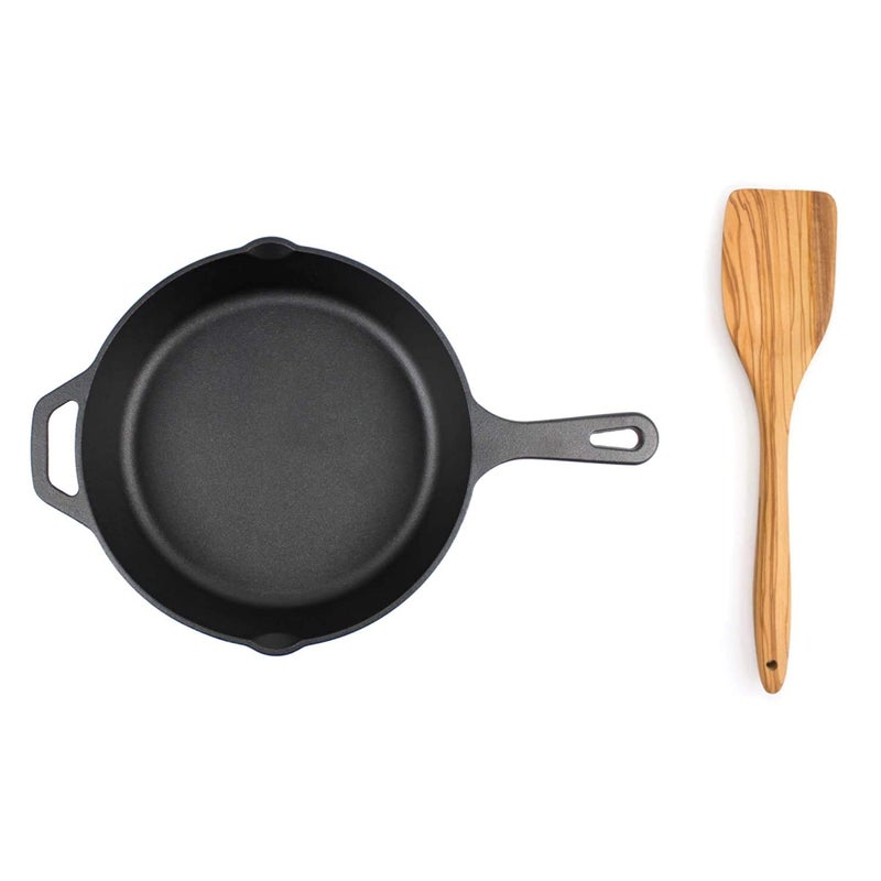 Bharath Agencies Cast Iron Skillet Frying Pan 1025 Inch PreSeasoned Perfect for Cooking on Gas Induction and Electric Cook Tops Black with Spatula - Image 1