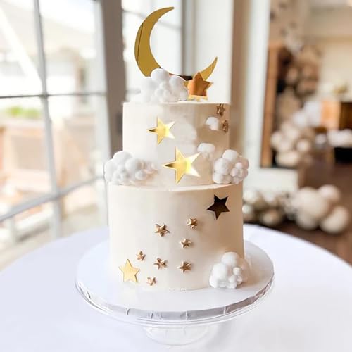 ALNGFUIK Moon Star Cake Toppers Acrylic Cake Decorations Twinkle Twinkle Little Star Celestial Cake Charms Mirror Gold for Over the Moon Baby Shower Wedding Birthday Party - Image 1