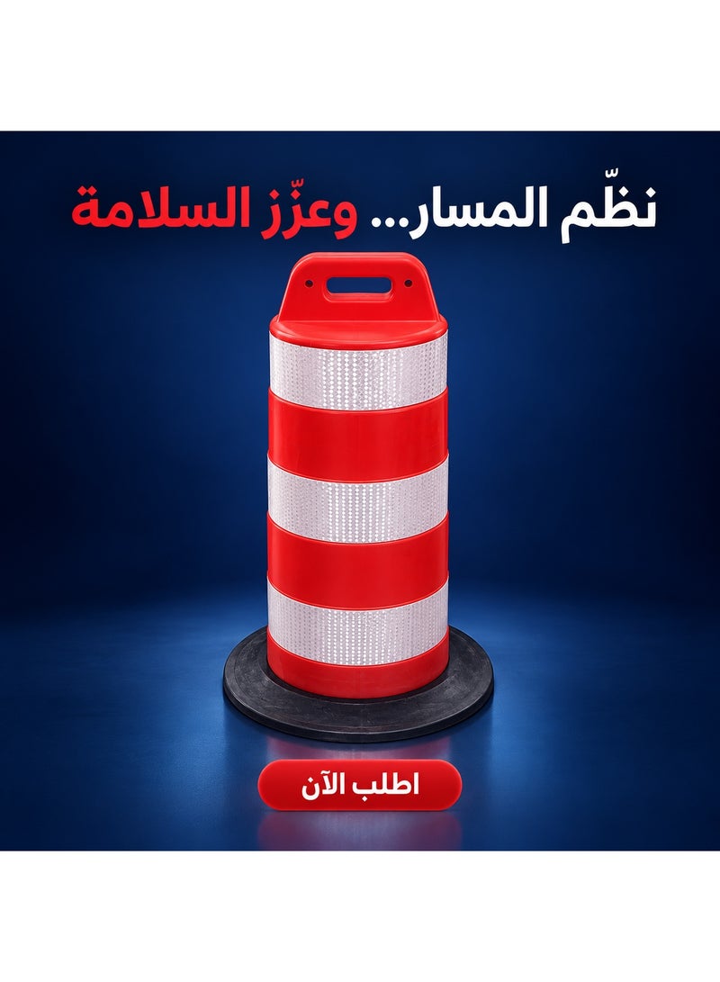 A traffic safety barrel (or cylindrical traffic barrier) made of plastic, featuring a heavy rubber base and reflective strips. - Image 3