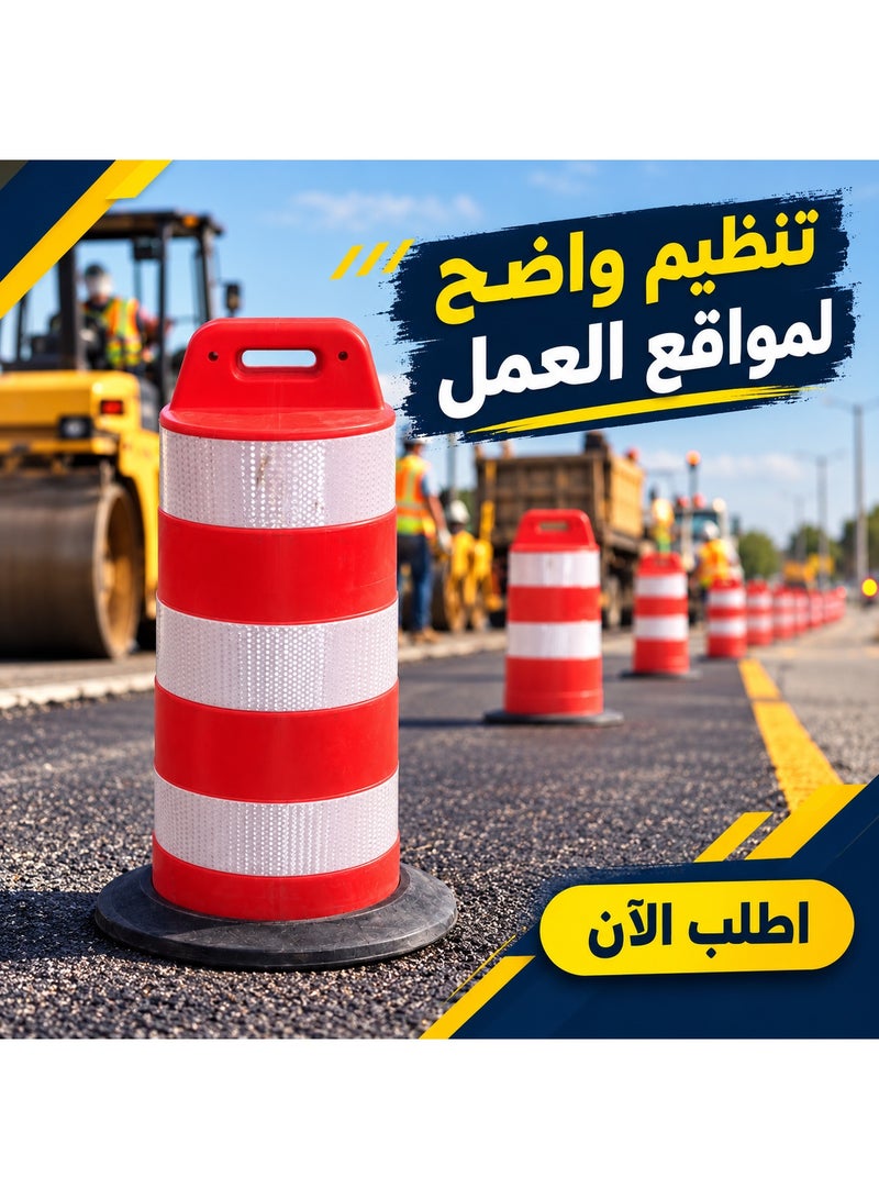 A traffic safety barrel (or cylindrical traffic barrier) made of plastic, featuring a heavy rubber base and reflective strips. - Image 5