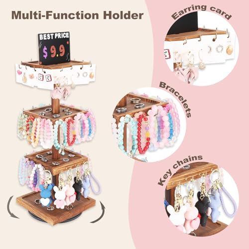 BDBDYEAY Bracelet Holder, 360° Rotating Jewelry Holder Organzier with Tray, Wooden Jewelry Tower with 48 Hooks, 4-Tier Large Capacity Jewelry Display Stand for Vendors Sell Bracelet Keychain Earring - Image 4
