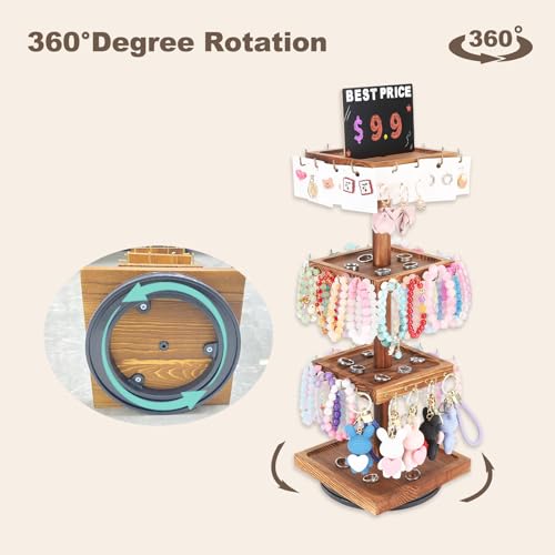 BDBDYEAY Bracelet Holder, 360° Rotating Jewelry Holder Organzier with Tray, Wooden Jewelry Tower with 48 Hooks, 4-Tier Large Capacity Jewelry Display Stand for Vendors Sell Bracelet Keychain Earring - Image 5