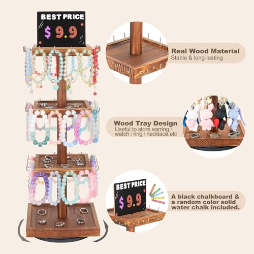 BDBDYEAY Bracelet Holder, 360° Rotating Jewelry Holder Organzier with Tray, Wooden Jewelry Tower with 48 Hooks, 4-Tier Large Capacity Jewelry Display Stand for Vendors Sell Bracelet Keychain Earring - Image 3