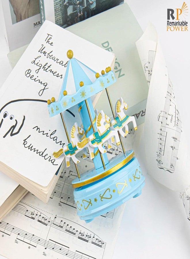 Jamboree!!! Carousel Music Box with Horses - Vintage Rotating Merry-Go-Round, Handcrafted Musical Toy for Girls, Birthday with Love Design (Blue) - Image 3