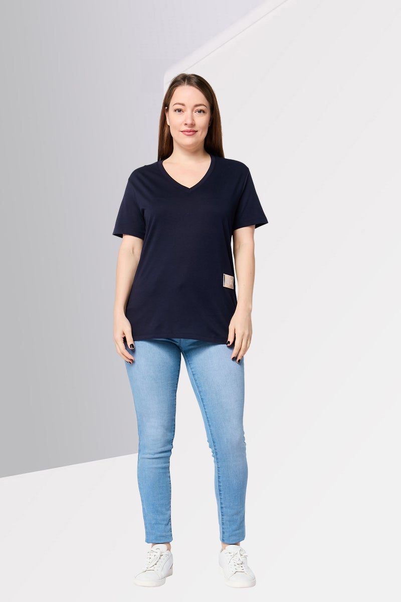 armani AX Armani Exchange Women V-Neck Short Sleeve Brand Logo T-Shirt, Navy - Image 2