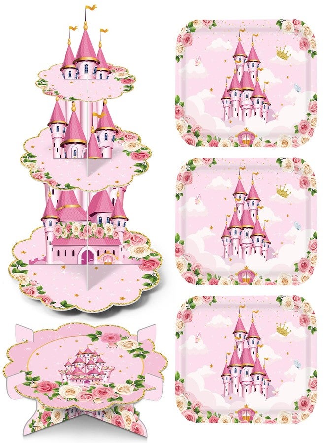 Perthlin 5 Pcs Princess Cupcake Stand Princess Birthday Party Decorations 3 Tier Castle Cupcake Stand, 1 Tier Cake Holder, 3 Floral Serving Trays for Birthday Baby Shower Wedding Tea Party Supplies - Image 1