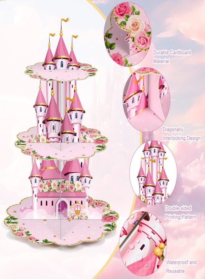 Perthlin 5 Pcs Princess Cupcake Stand Princess Birthday Party Decorations 3 Tier Castle Cupcake Stand, 1 Tier Cake Holder, 3 Floral Serving Trays for Birthday Baby Shower Wedding Tea Party Supplies - Image 3