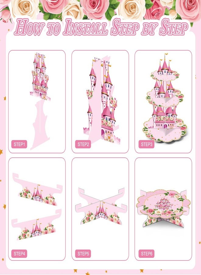 Perthlin 5 Pcs Princess Cupcake Stand Princess Birthday Party Decorations 3 Tier Castle Cupcake Stand, 1 Tier Cake Holder, 3 Floral Serving Trays for Birthday Baby Shower Wedding Tea Party Supplies - Image 4