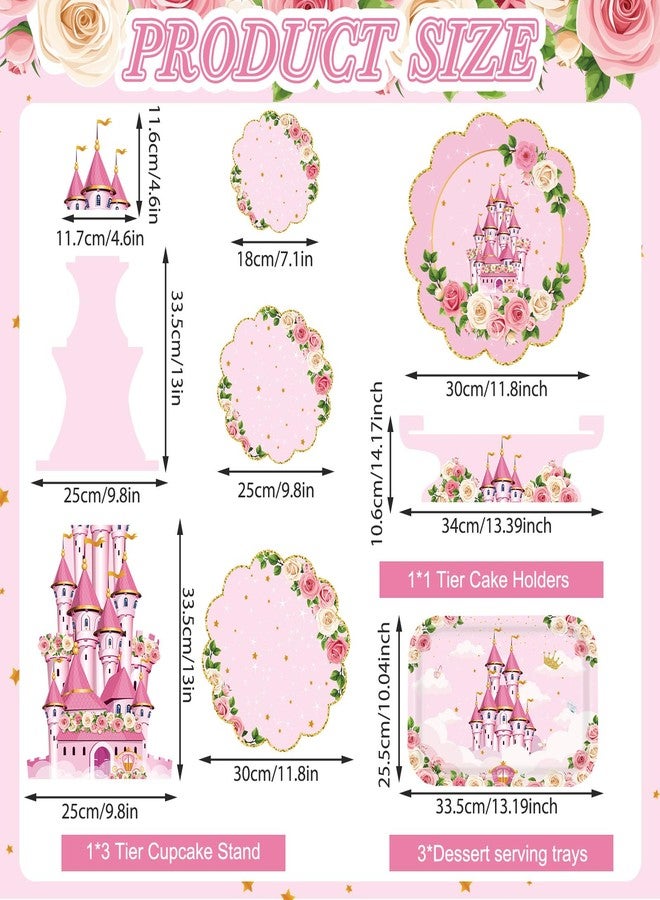 Perthlin 5 Pcs Princess Cupcake Stand Princess Birthday Party Decorations 3 Tier Castle Cupcake Stand, 1 Tier Cake Holder, 3 Floral Serving Trays for Birthday Baby Shower Wedding Tea Party Supplies - Image 2