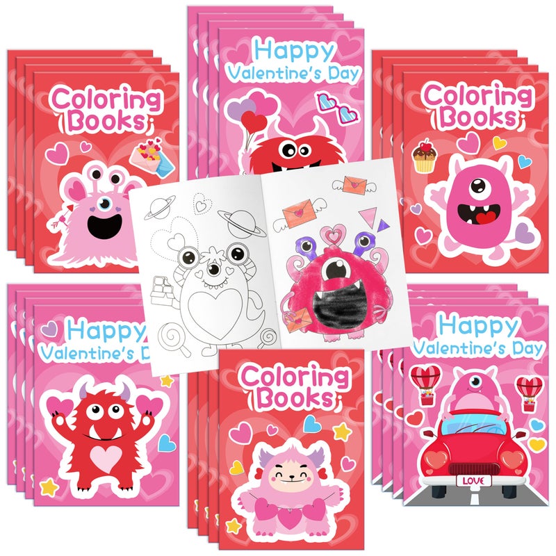 JAPBOR Valentine's Day Coloring Book - 24PCS Mini Valentine Monster Color Books Bulk for Party Favors, Sweet Romantic Themed Small Colouring Pages for Birthday Gifts Class Drawing Painting Game - Image 1