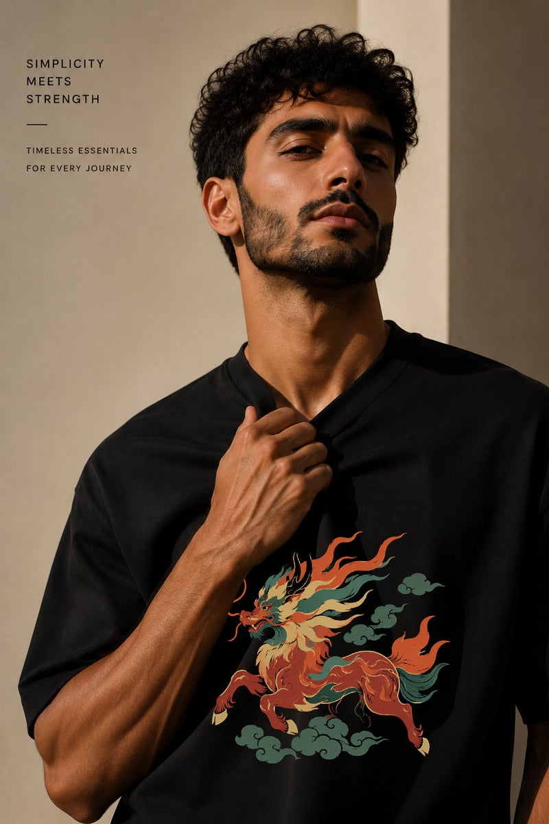 Men's Oversized Black Dragon Graphic T-Shirt Casual Short Sleeve Crew Neck Streetwear Tee - Image 5