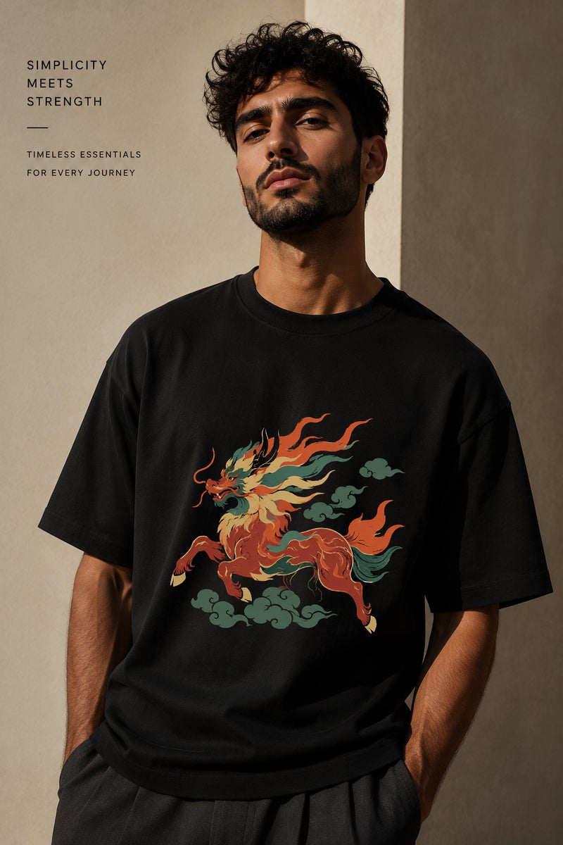 Men's Oversized Black Dragon Graphic T-Shirt Casual Short Sleeve Crew Neck Streetwear Tee - Image 1