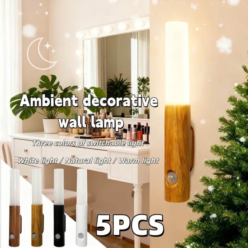 Vintage Style 5 Pcs Motion Sensor Night Light LED Rechargeable Magnetic Wall Lamp With USB Fast Charging Wire Free Easy Installation Food Grade ABS Safe Material Three Level Dimming White Natural Warm Light Ideal For Living Room Hallway - Image 1
