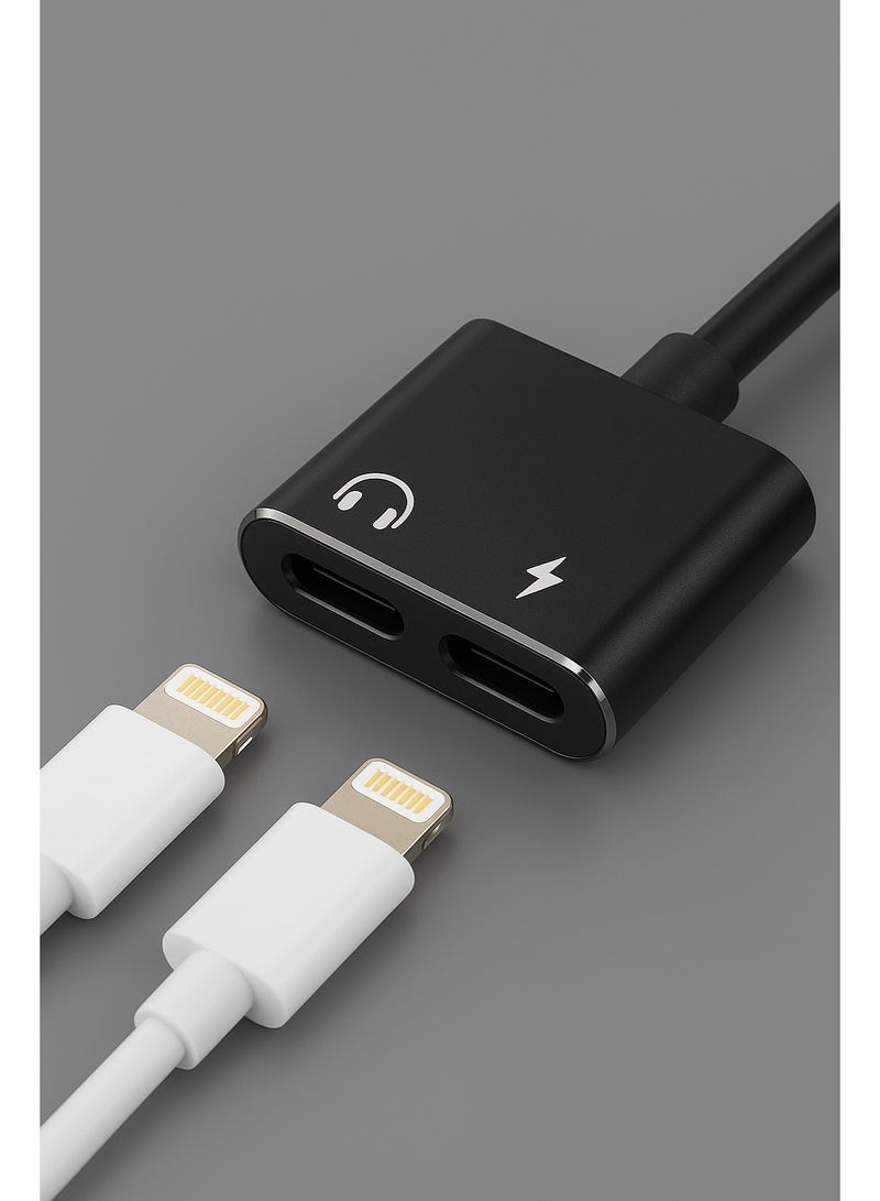 SPON Lightning Male to Dual Lightning Female Adapter (Audio + Charging) – 15CM, Black – 2-in-1 Splitter for iPhone - Image 2