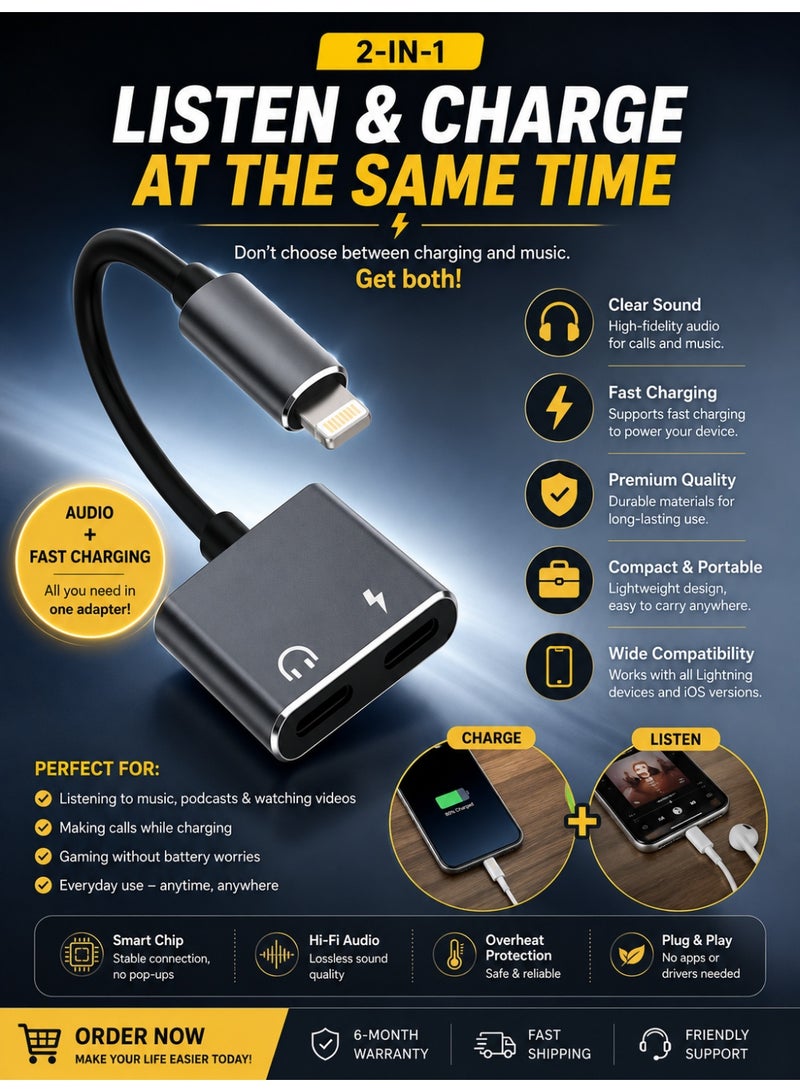 SPON Lightning Male to Dual Lightning Female Adapter (Audio + Charging) , Black – 2-in-1 Splitter for iPhone – Supports Calls & Music Playback - Image 2