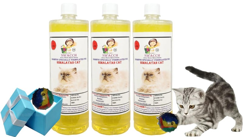 swacch Himalayan Cat Shampoo + Rubber Musical Ball I Chew Playing Rubber Ball I Interactive Cat Toy Balls I Training & Play I Combo Pack I 1 Litre Pack of 3 Lemon - Image 1