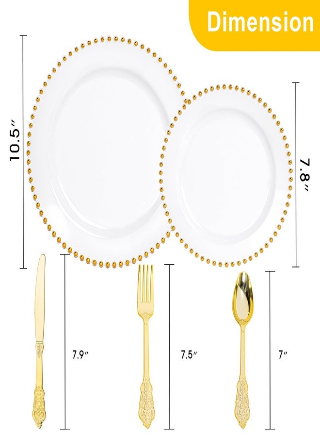 HOMIP 75Pcs Gold Plastic Dinnerware Set - Pearl-Beaded Rim Plates & Baroque Forks, Spoons, Knives, Perfect for Elegant Wedding, Banquet & Party - Image 2